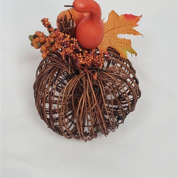 Fall Wicker Pumpkin with Gourd & Leaf Accent 7” Autumn Table Decor - Picture 3 of 5